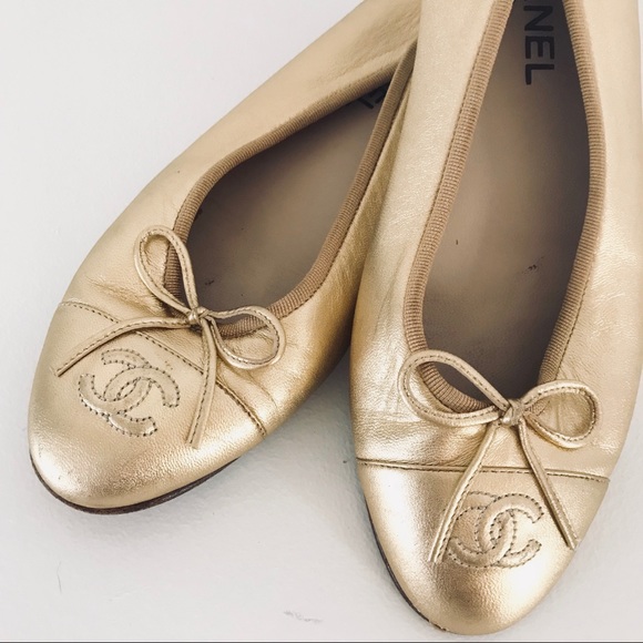 chanel gold ballet flats